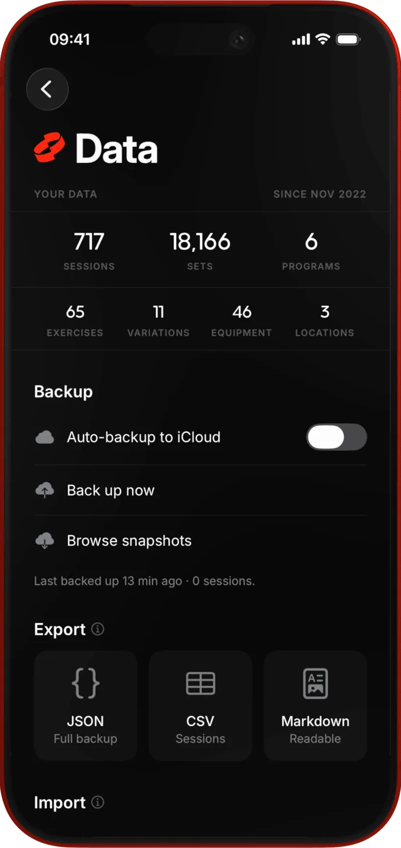 Ownus data screen — local backup and export to CSV, JSON, and Markdown