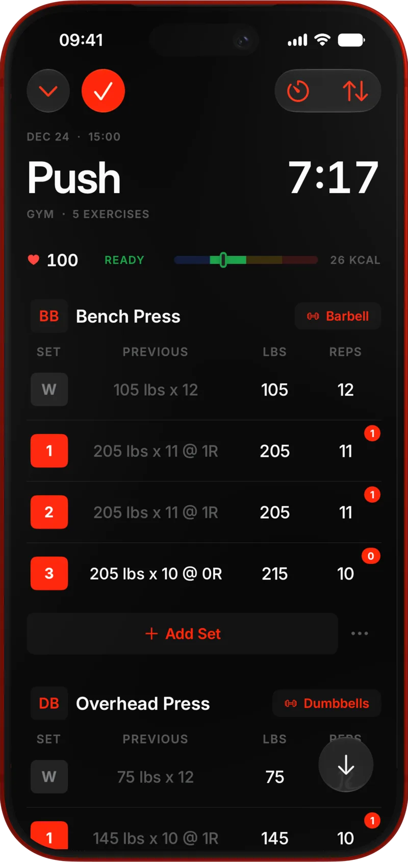 An Ownus session in progress — logging weight and reps set by set, with the live heart-rate strip up top