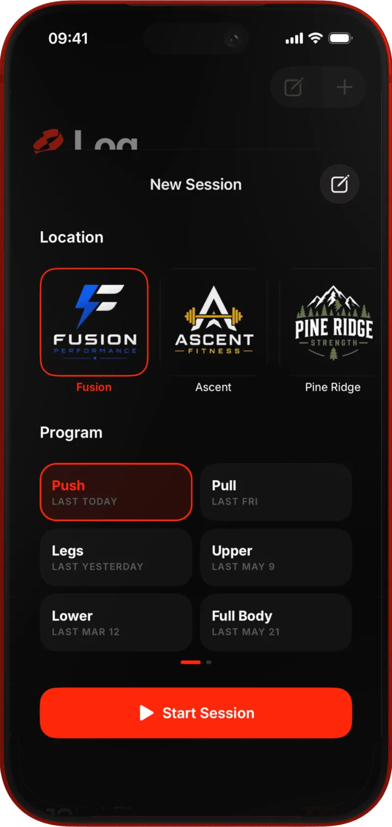 Starting a session — pick the gym, then the program