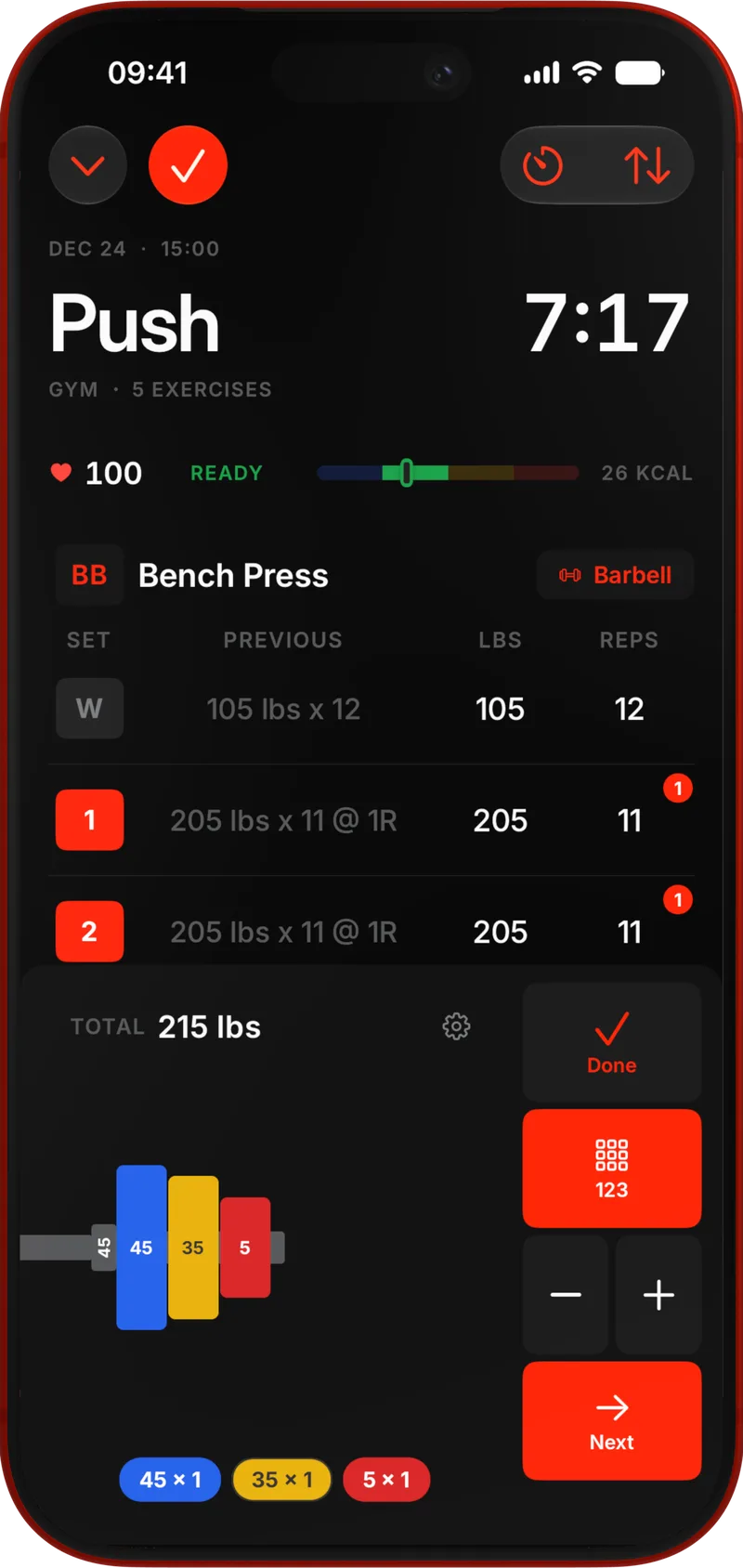 Ownus plate calculator open mid-session — the plates to load on the bar, with live heart rate up top