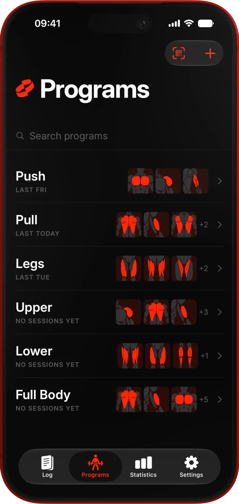 Ownus programs list — your library of built programs, each with its muscle map