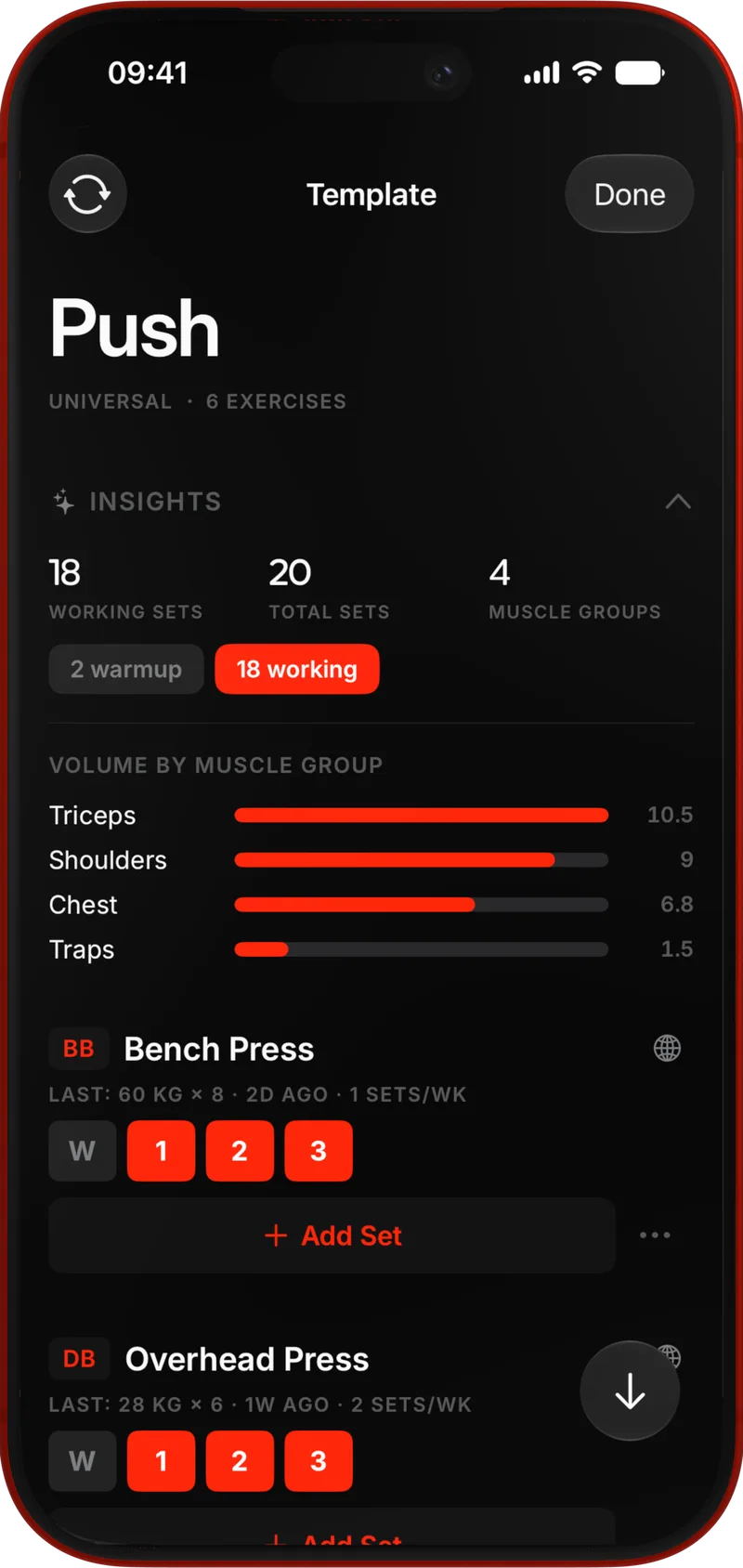 Ownus program builder — a template with set-count insights and live volume-by-muscle bars