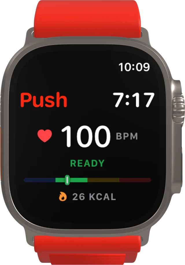 The Ownus Apple Watch app mirroring the same session — timer, live BPM, zone bar, and calories